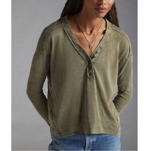 Anthropologie Pilcro V-Neck Long Sleeve Mixed Media Swing Top Faded Raw Hem Grn